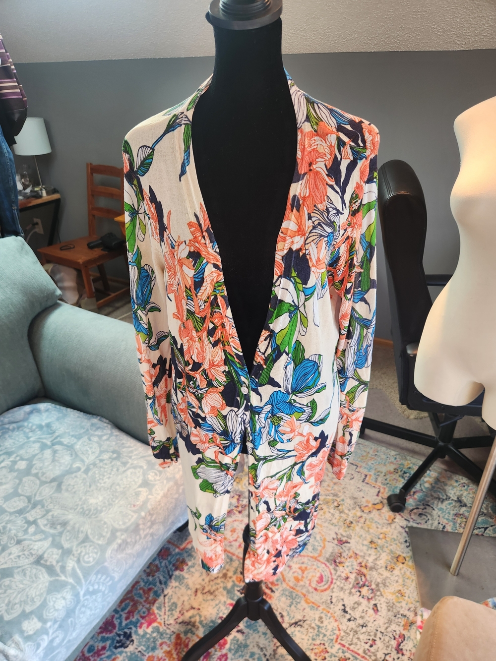 Chico's Floral Open-Front Cardigan in Coral, Blue & Green Medium Cotton Boho